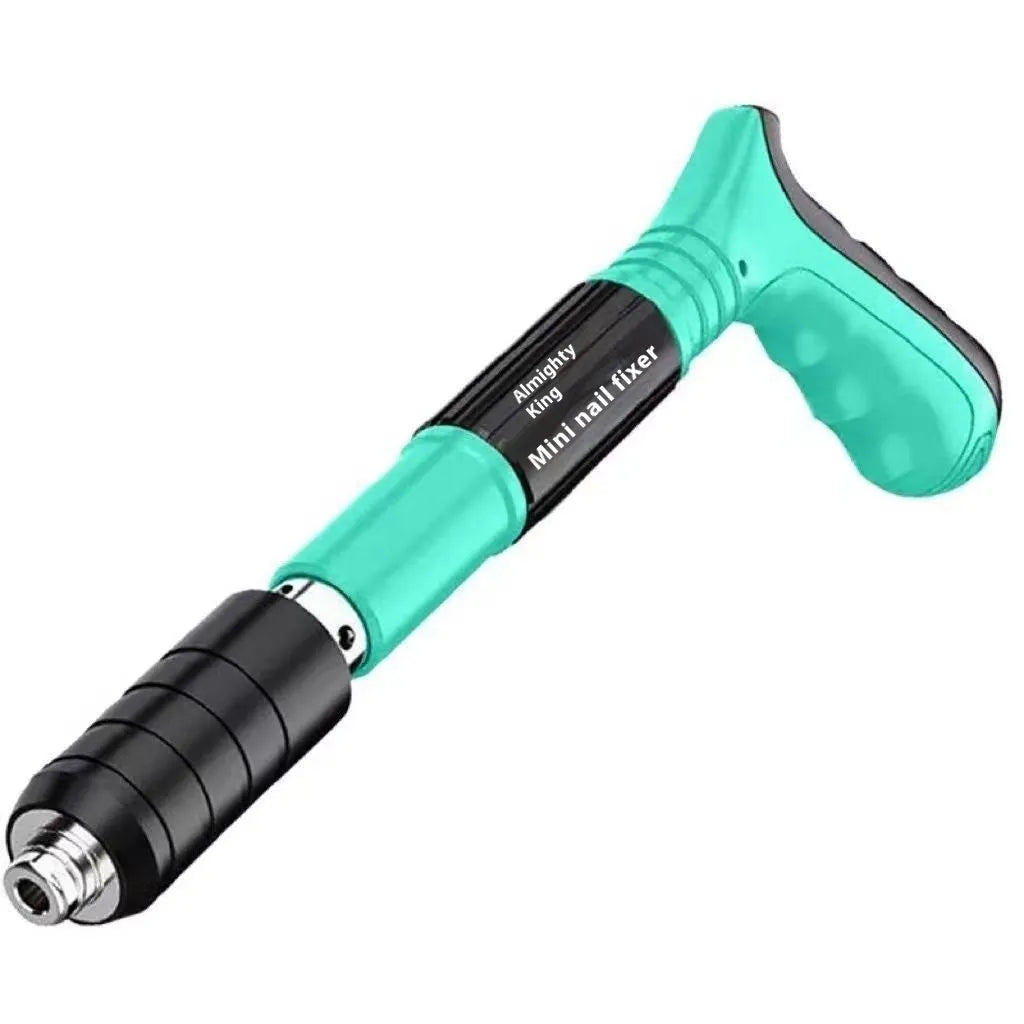 Mini ceiling nail gun with side exhaust, 25mm nail length, and green toolbox