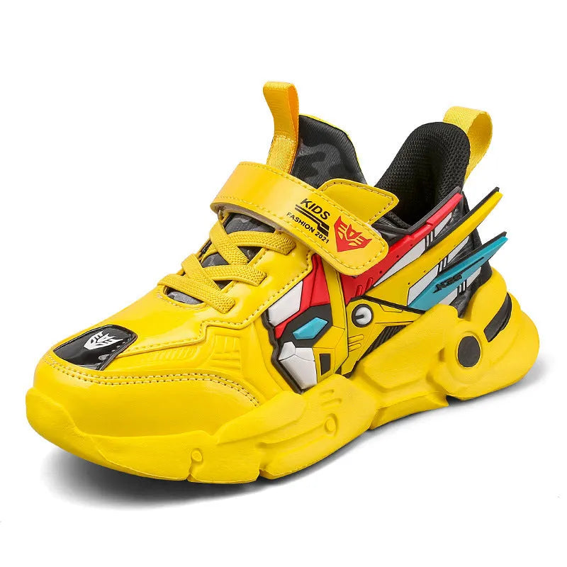 Children's leather surface Velcro running shoes with cartoon pattern in yellow, black red, and lake blue colours