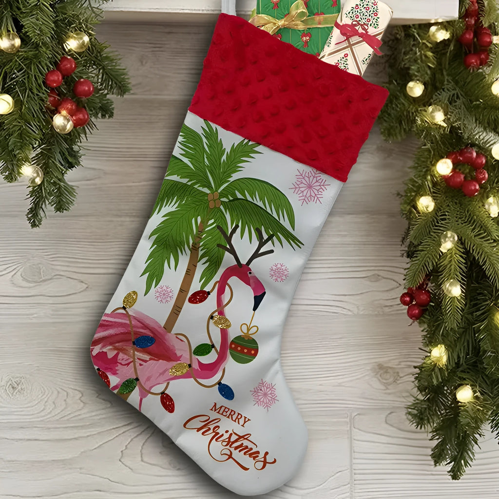 Flamingo-themed cloth Christmas stocking decoration measuring 46 by 28 centimetres