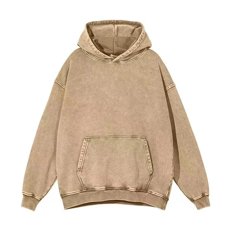 Men's retro washed cotton hoodie in loose fit with collarless design and batik finish