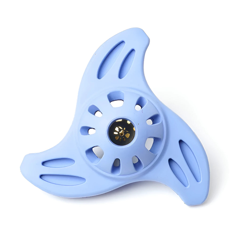 Purple and blue boomerang-shaped dog chew toy with molar texture for medium large breed dogs