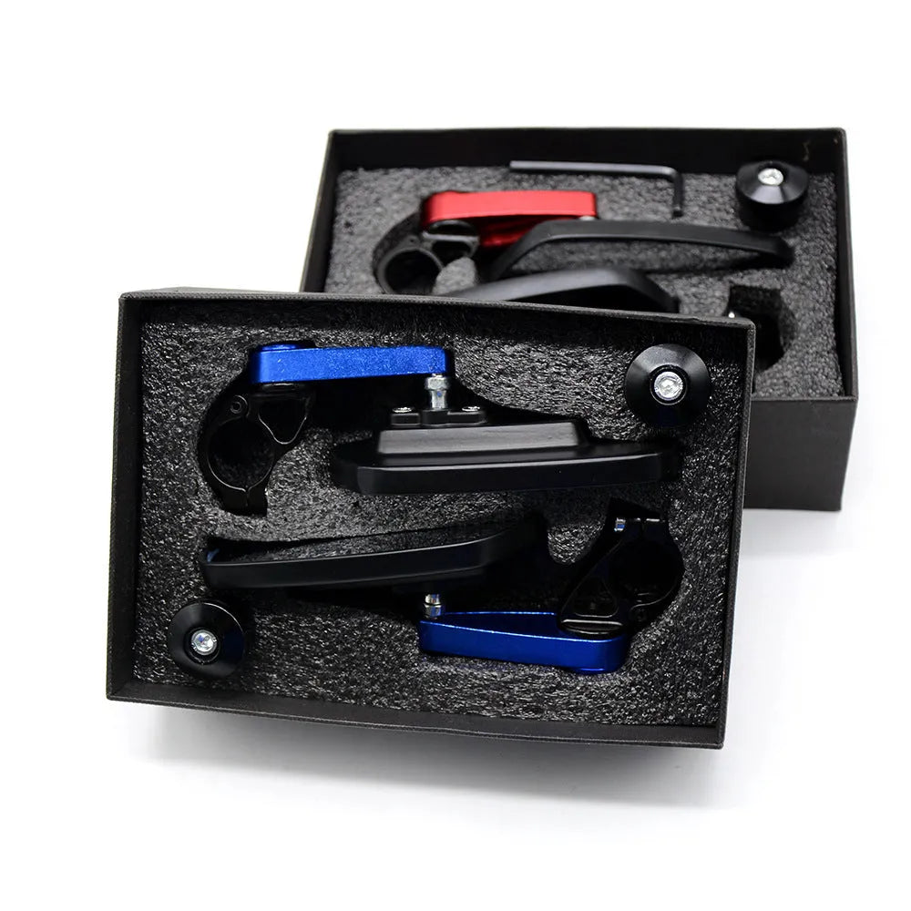 Motorcycle CNC aluminium rear view mirror in black with blue glass, 22mm handlebar fit