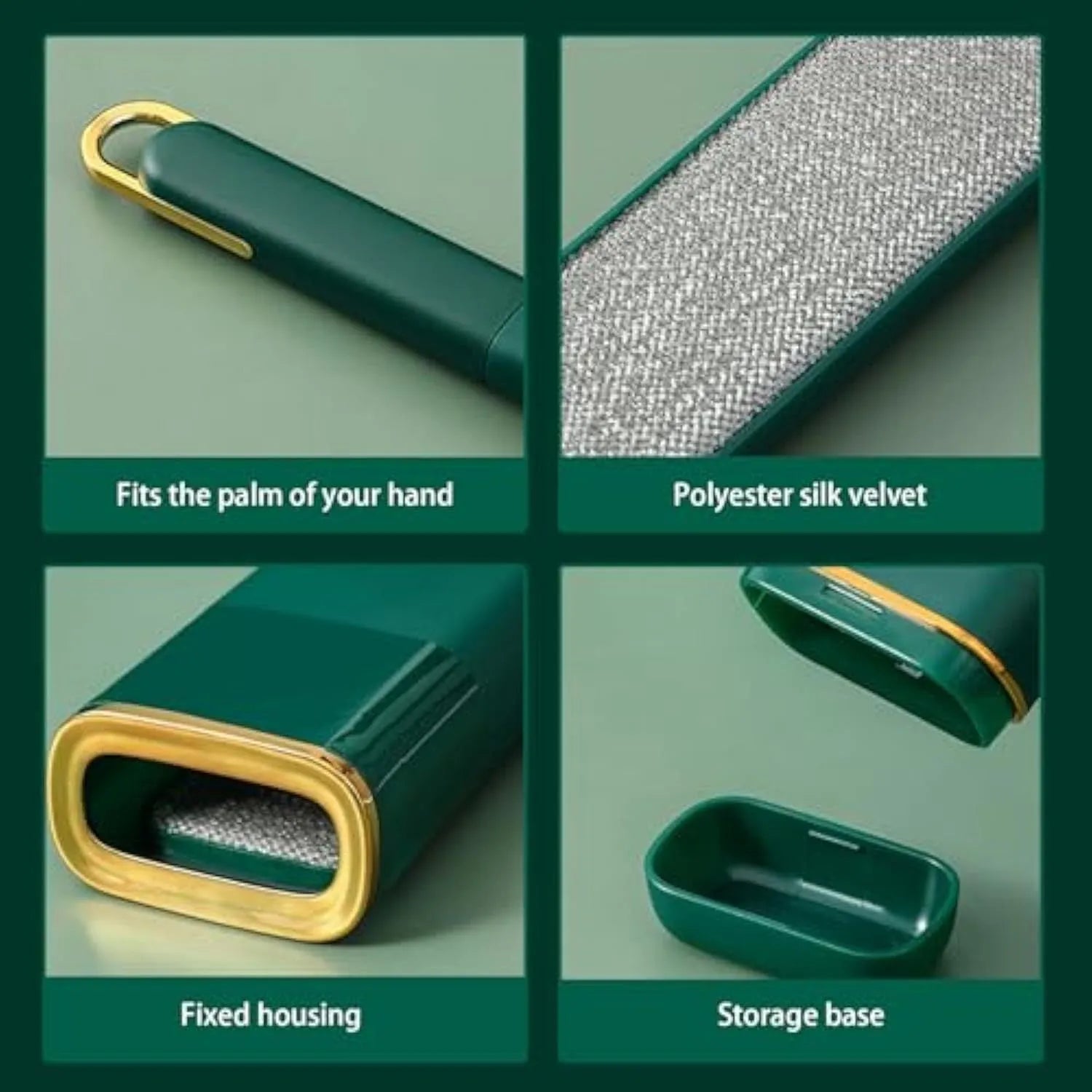 Blue green and white reusable pet hair remover brush with self-cleaning storage base.