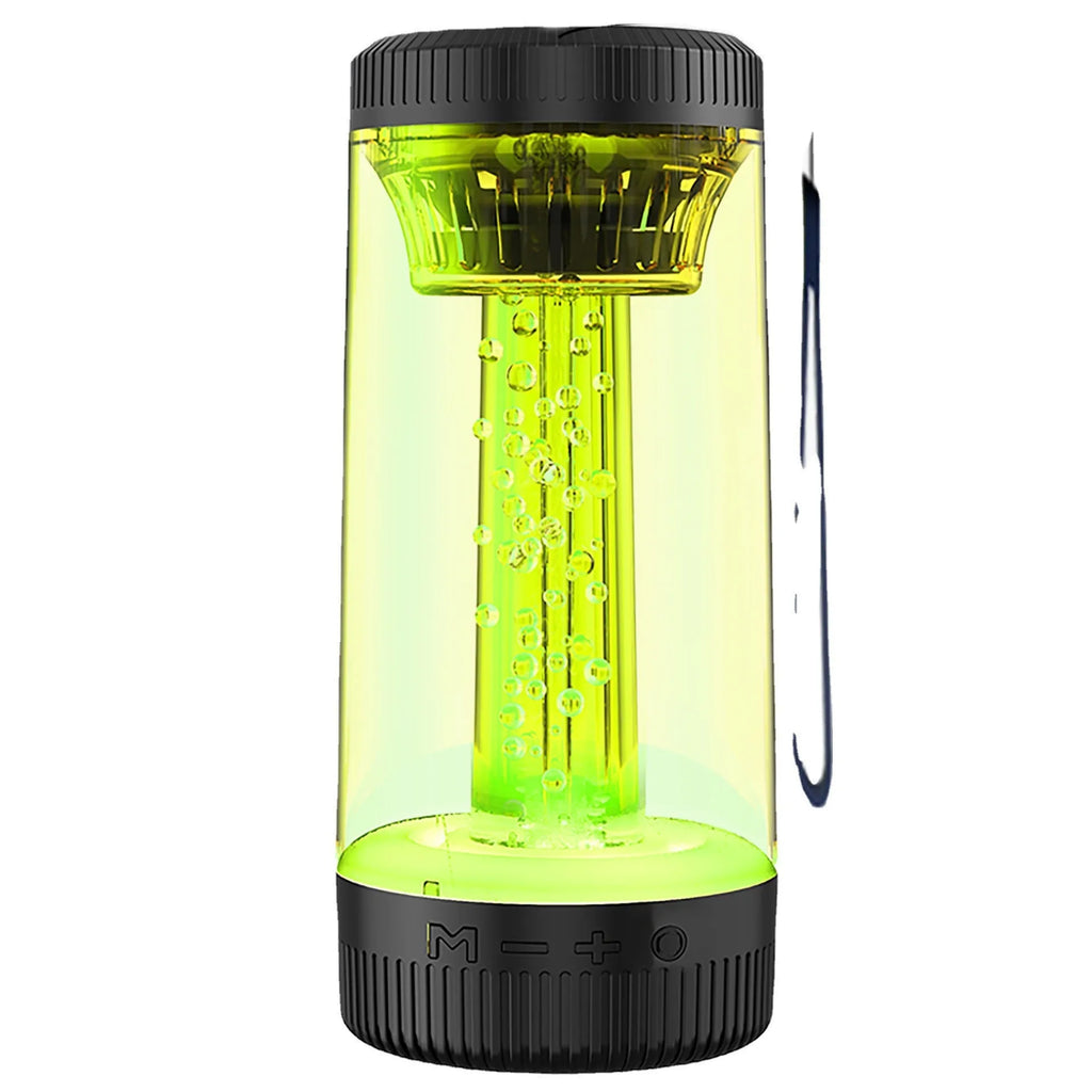 Black portable Bluetooth speaker with LED camping light, USB plug, 190mm tall