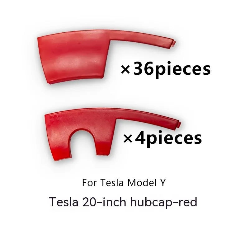 Set of four plastic wheel hub covers for Tesla Model Y in carbon fibre pattern finish.