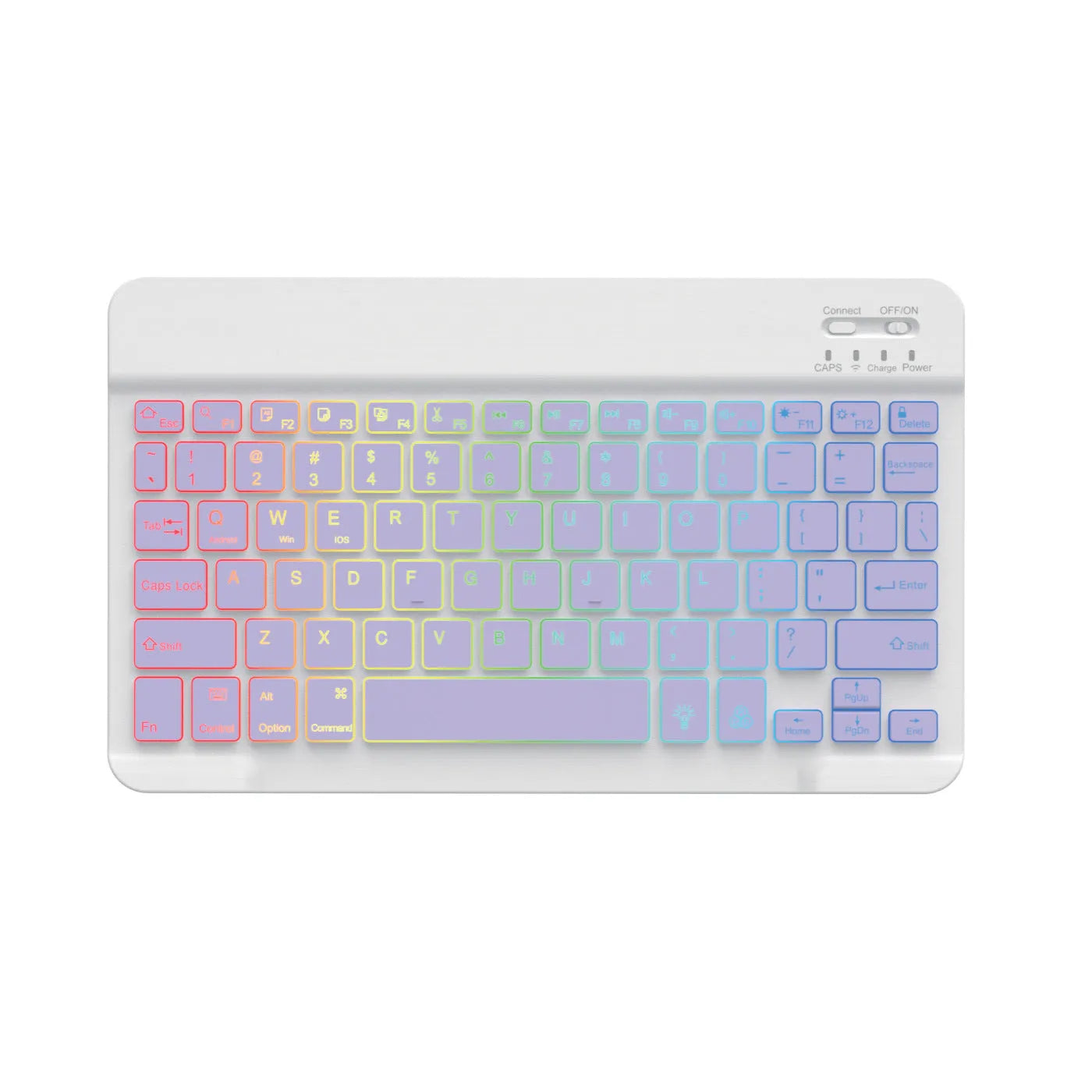 10-inch black Bluetooth keyboard with colourful LED backlighting for tablets on a desk.