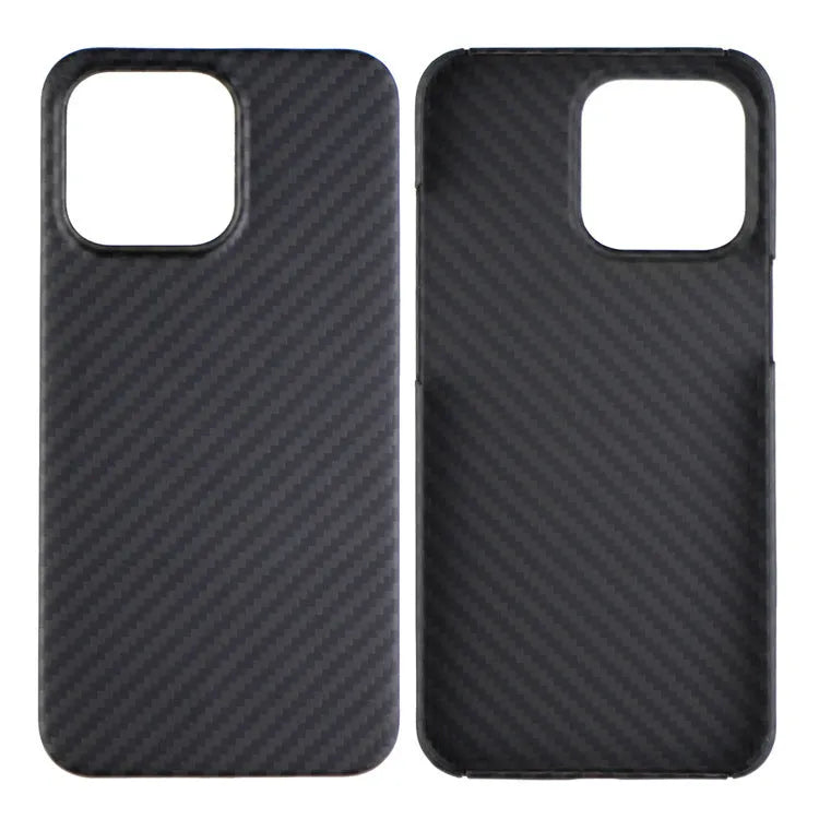 Matte black Kevlar fibre iPhone case with textured back, shown next to an iPhone.