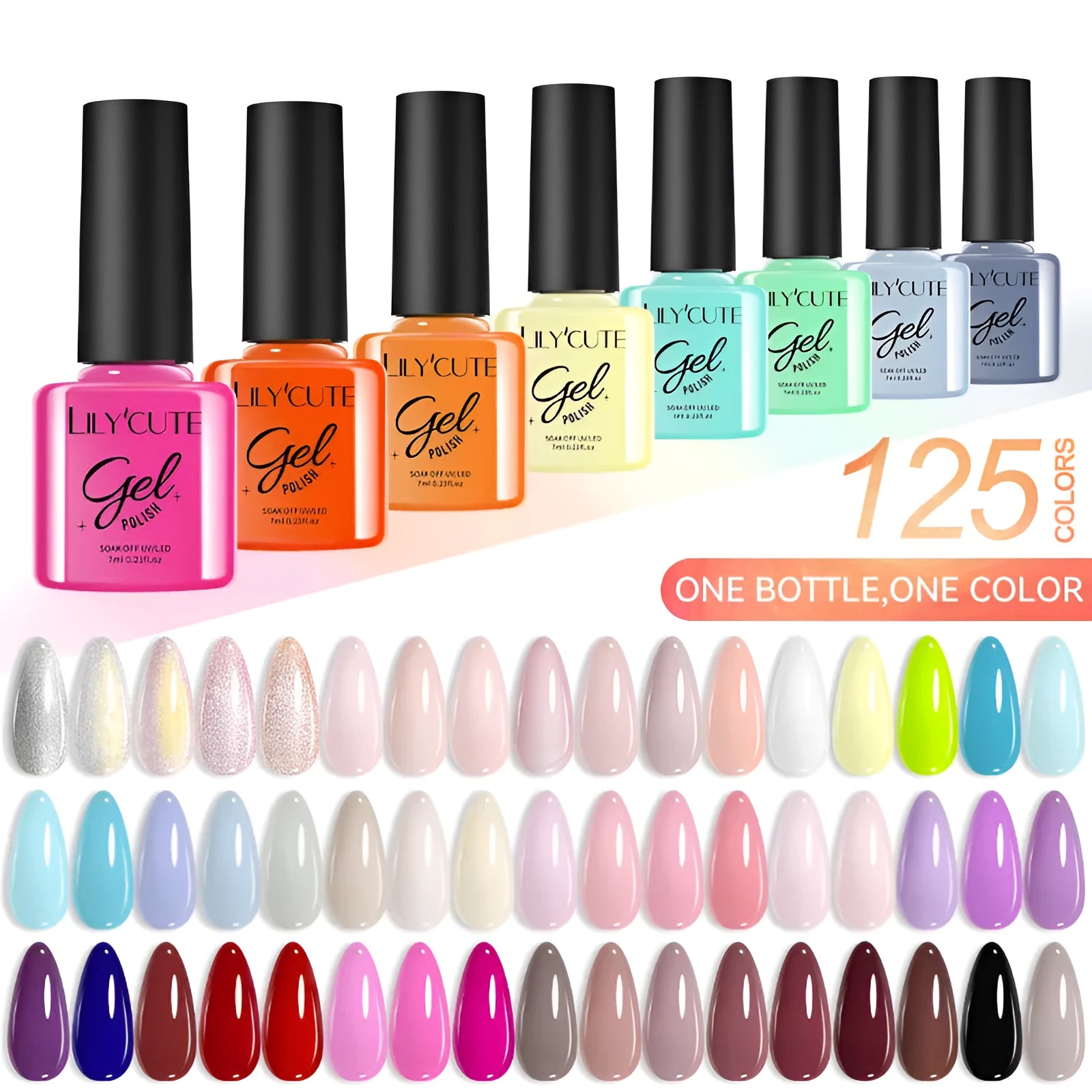 UV gel nail polish set showing 20 solid colour bottles including nude, glitter and sequin finishes
