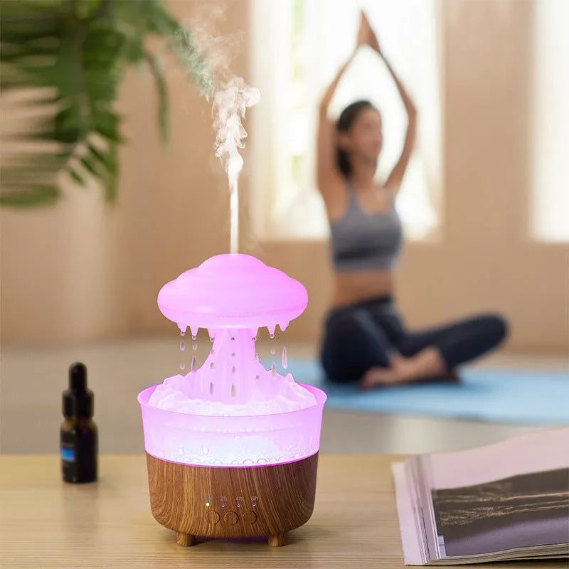 Wood grain white column-shaped rain cloud humidifier diffuser with colourful LED night light