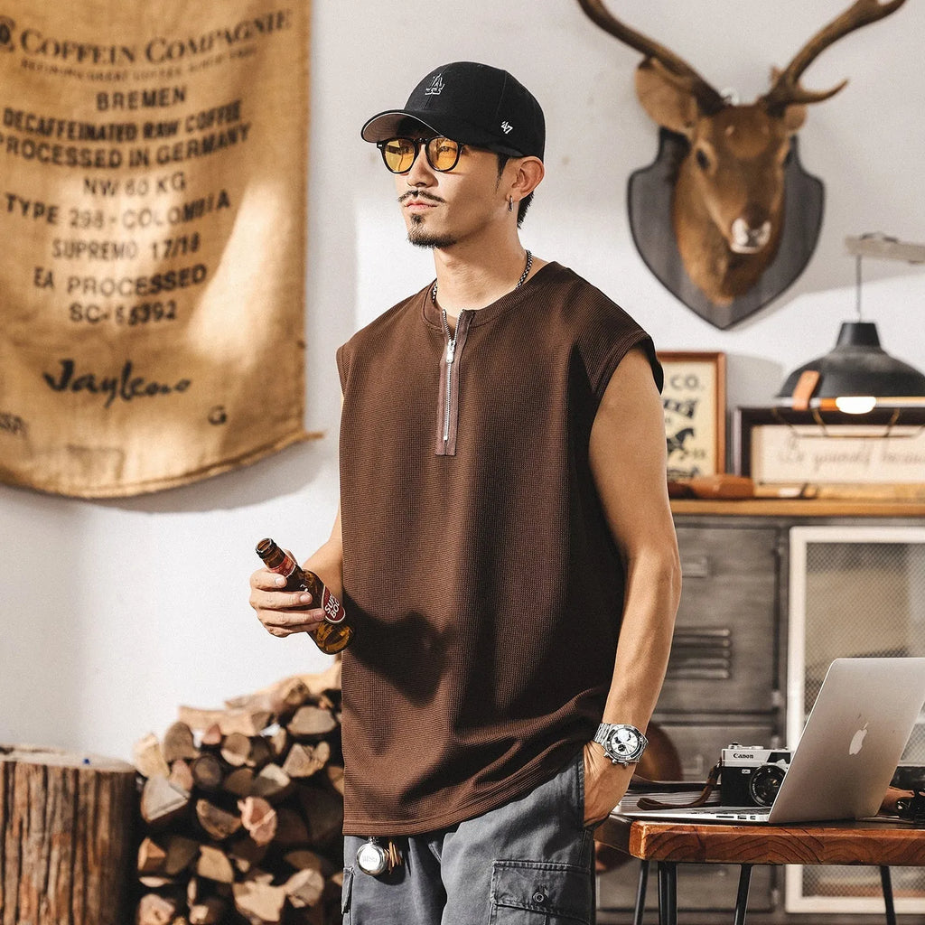Men's loose waffle texture sports vest with zipper front, sleeveless polyester summer top in black, brown, light gray or white