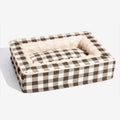 Classic plaid dog kennel bed with removable cover shown in red colour with size dimensions displayed