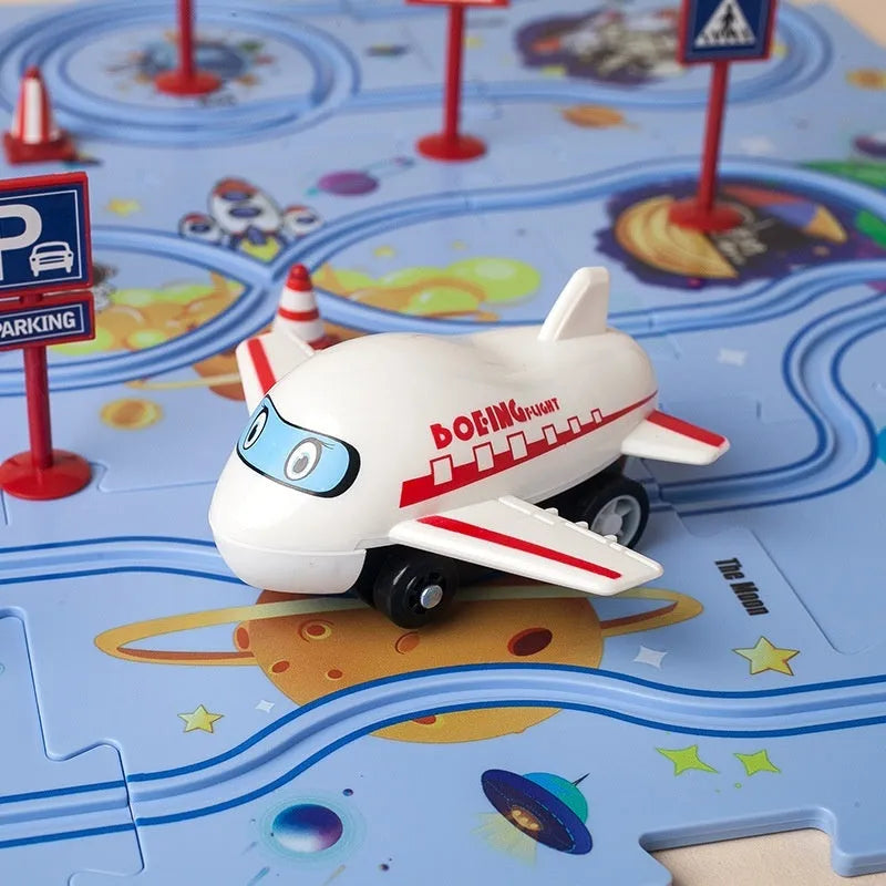 Children puzzle electric railroad speeder with automatic car and dinosaur-themed puzzle track pieces on floor