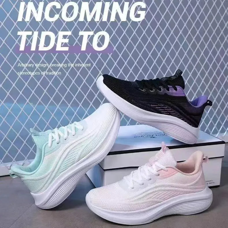 Women's lightweight running shoes with breathable mesh upper, flat heel, and front lace-up closure