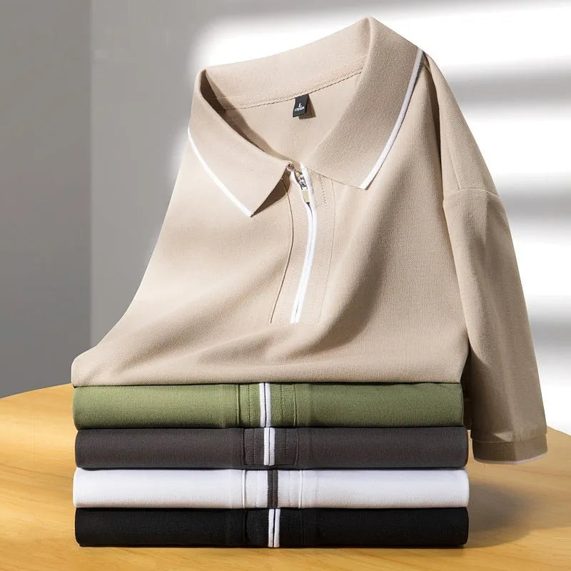 Men's slim fit lapel collar business casual top in cotton blend fabric, shown in multiple colour options.