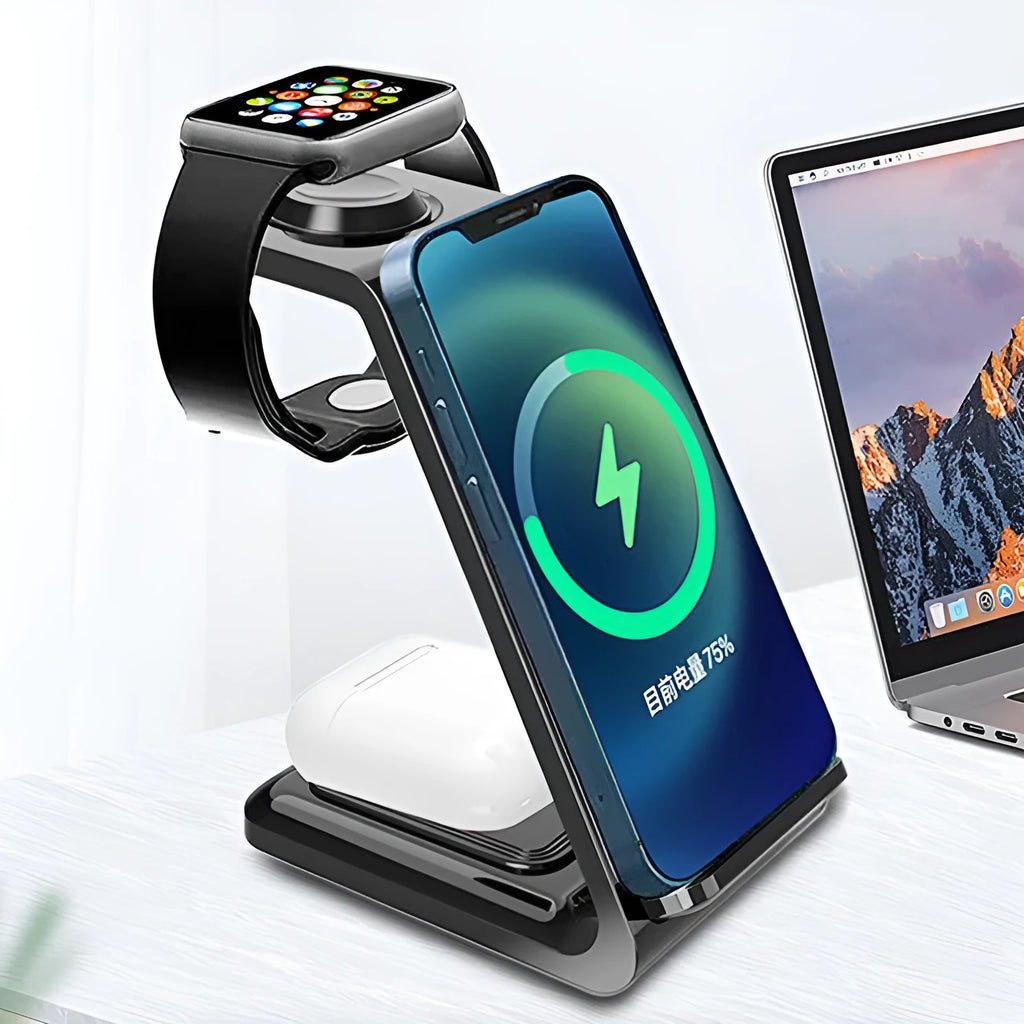 White 3-in-1 upright wireless charging stand holding a mobile phone, with a Type-C cable.