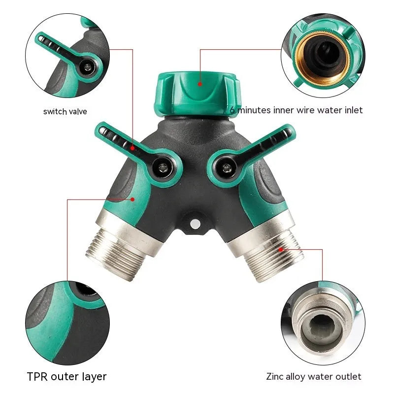 Zinc alloy garden ball valve splitter with 6-point double pass design for water control