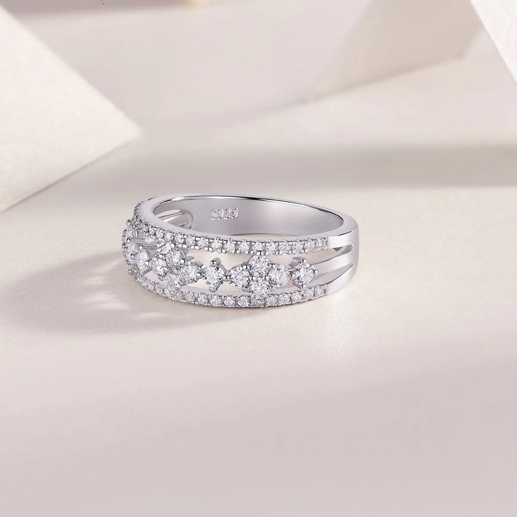 Moissanite wedding ring set on white background, S925 silver with platinum plating, ring size 7, includes GRA certificate and gift box