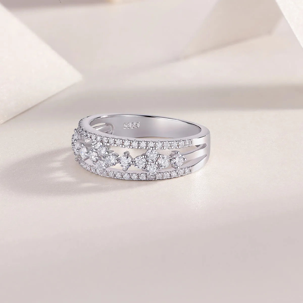 Moissanite wedding ring set on white background, S925 silver with platinum plating, ring size 7, includes GRA certificate and gift box