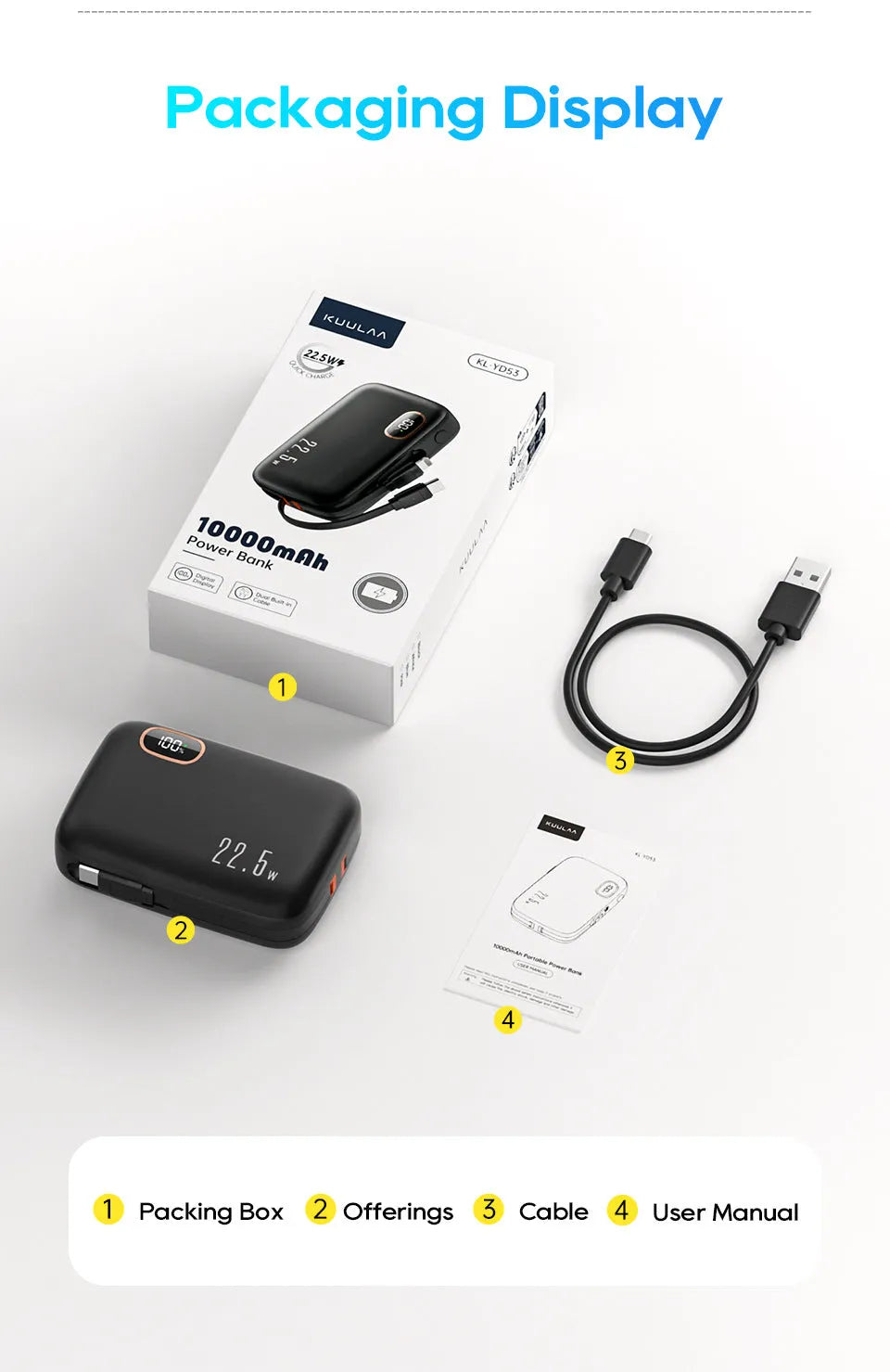 PD22.5W fast charging power bank with digital display and cable, 10000mAh, black plastic shell