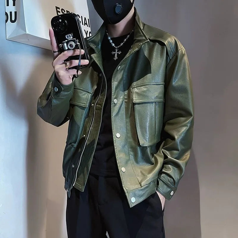 Men's black PU leather pilot jacket with side pockets and straight hem