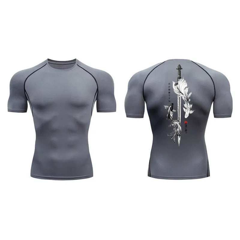 Men's loose short sleeve compression shirt with sword print design in multiple colour options
