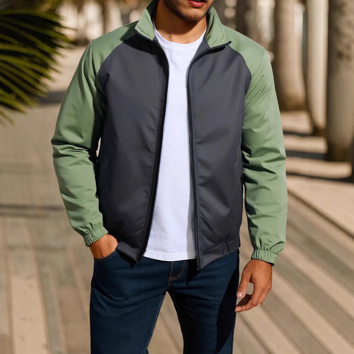 Men's stand collar casual coat with contrast colour details and raglan sleeves in loose fit