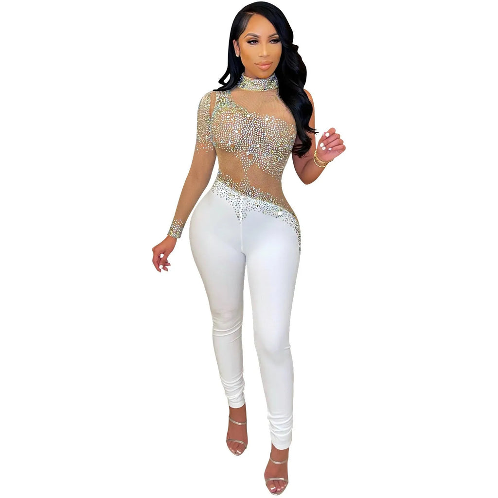Women's one-shoulder transparent mesh rhinestone jumpsuit in tight-fit trouser style, black colour