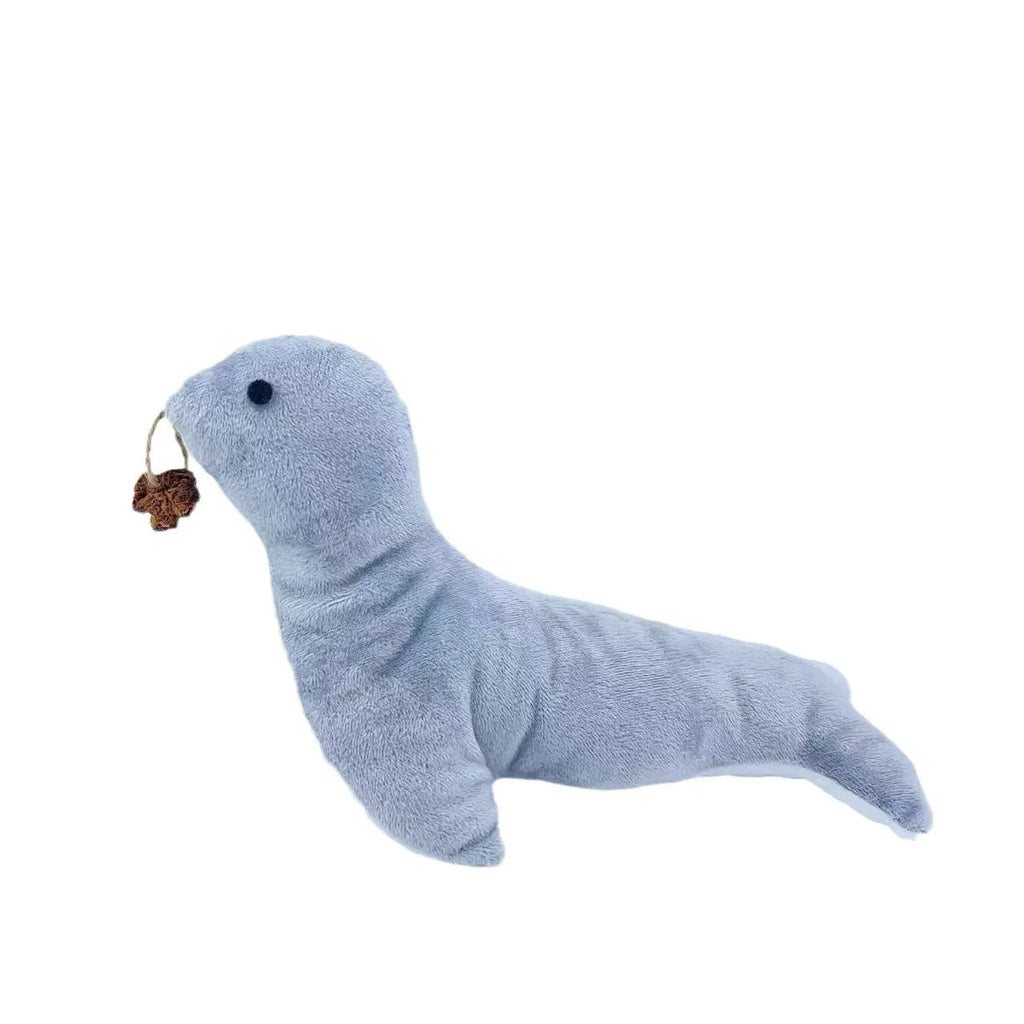 Blue sea lion plush cat toy containing bell and catnip for interactive play