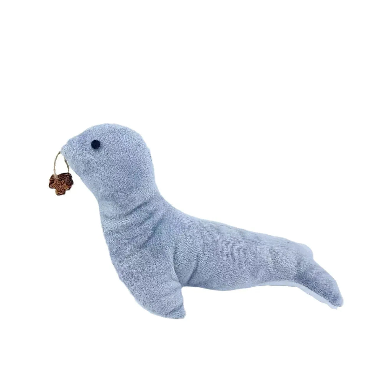 Blue sea lion plush cat toy containing bell and catnip for interactive play