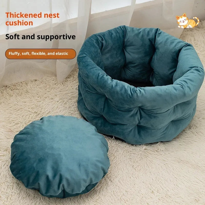 Cloth cat bed in beige on floor, medium size 48x26cm for cage or indoor use