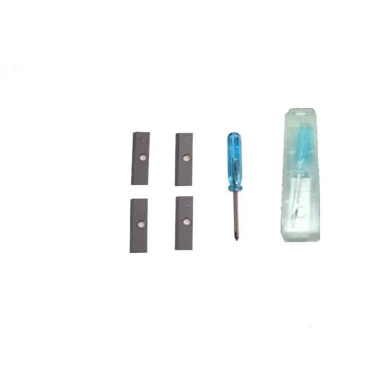 Geometric plastic pencil sharpener with four sharpening holes and maintenance screwdriver