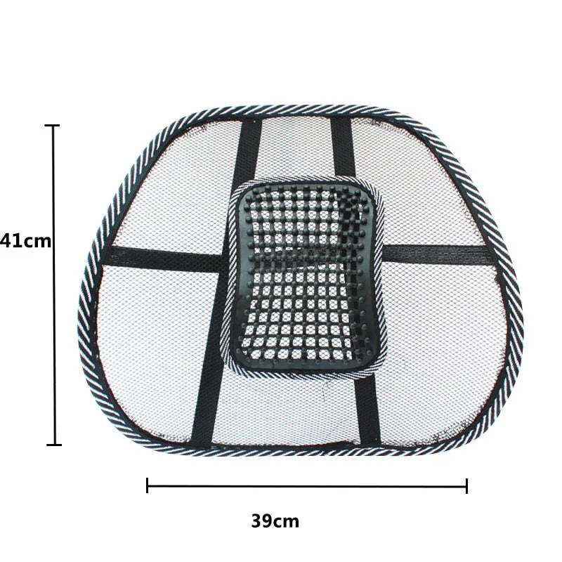 Black car lumbar support pillow with steel wire frame showing adjustable bending