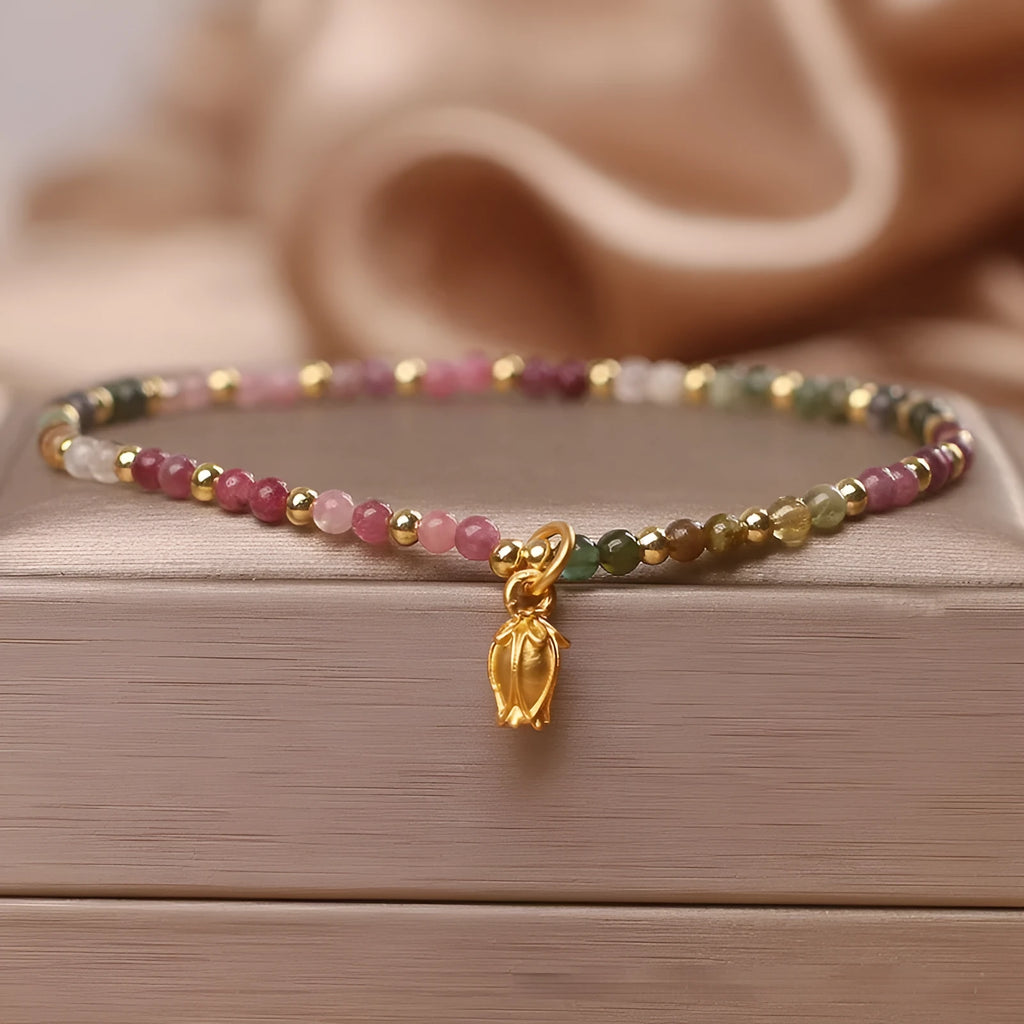 Natural tourmaline beaded anklet with floral pattern and adjustable chain closure for women