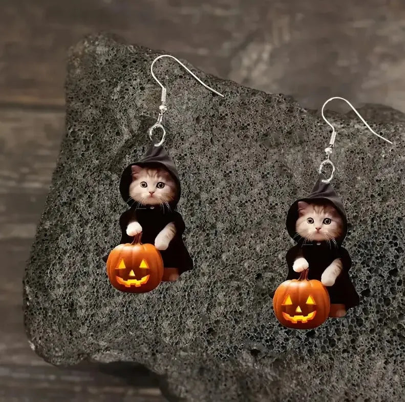 Handmade acrylic cat earrings in a flat creative Christmas style for women, one pair