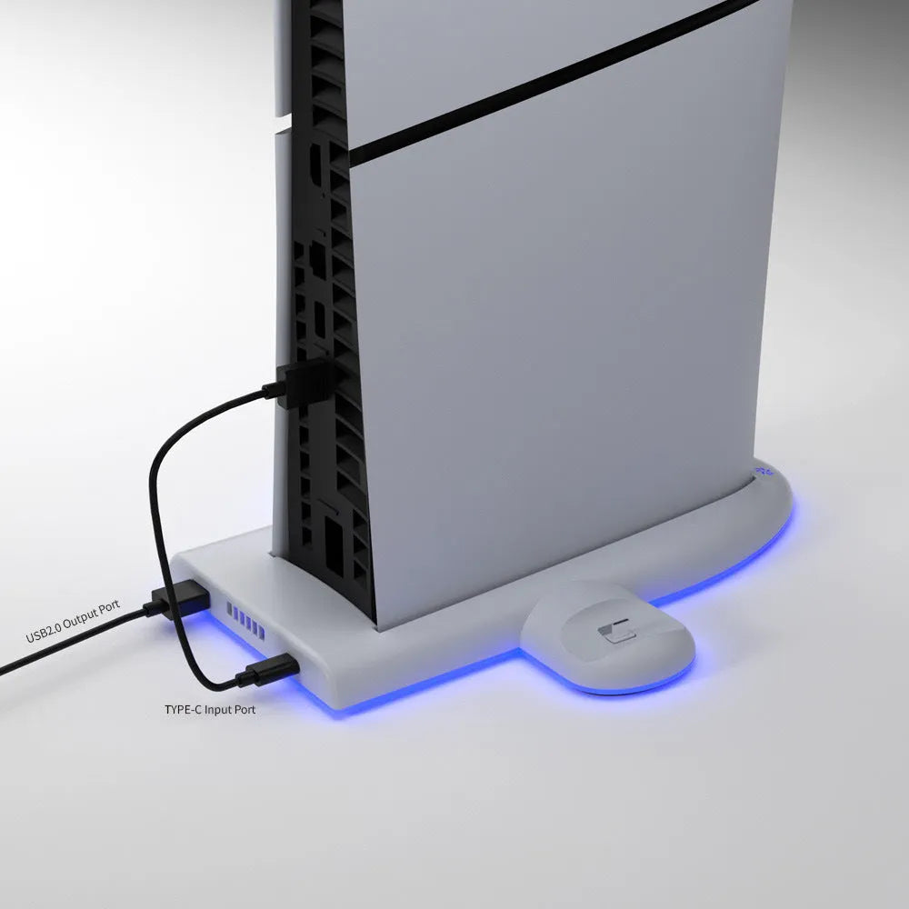 White PS5 charging base with fixed belt, cooling fan, and RGB ambient lighting