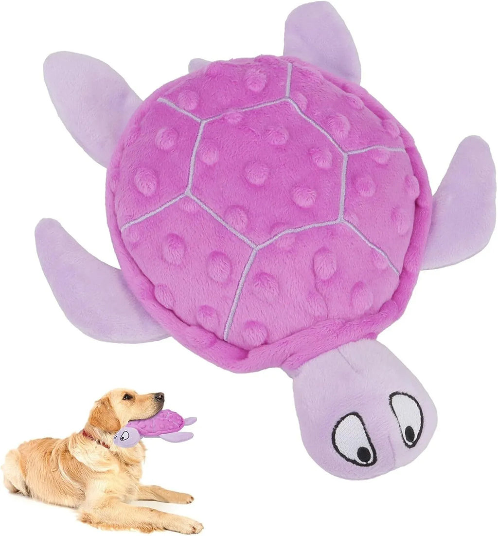 Blue green purple yellow sea turtle squeaky plush dog toy for small dogs on a white background.
