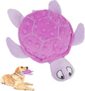 Blue green purple yellow sea turtle squeaky plush dog toy for small dogs on a white background.