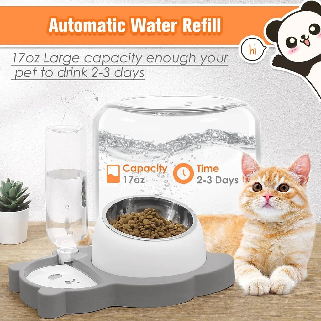 Grey panda-shaped tilted elevated pet feeder with stainless steel bowls and automatic water bottle