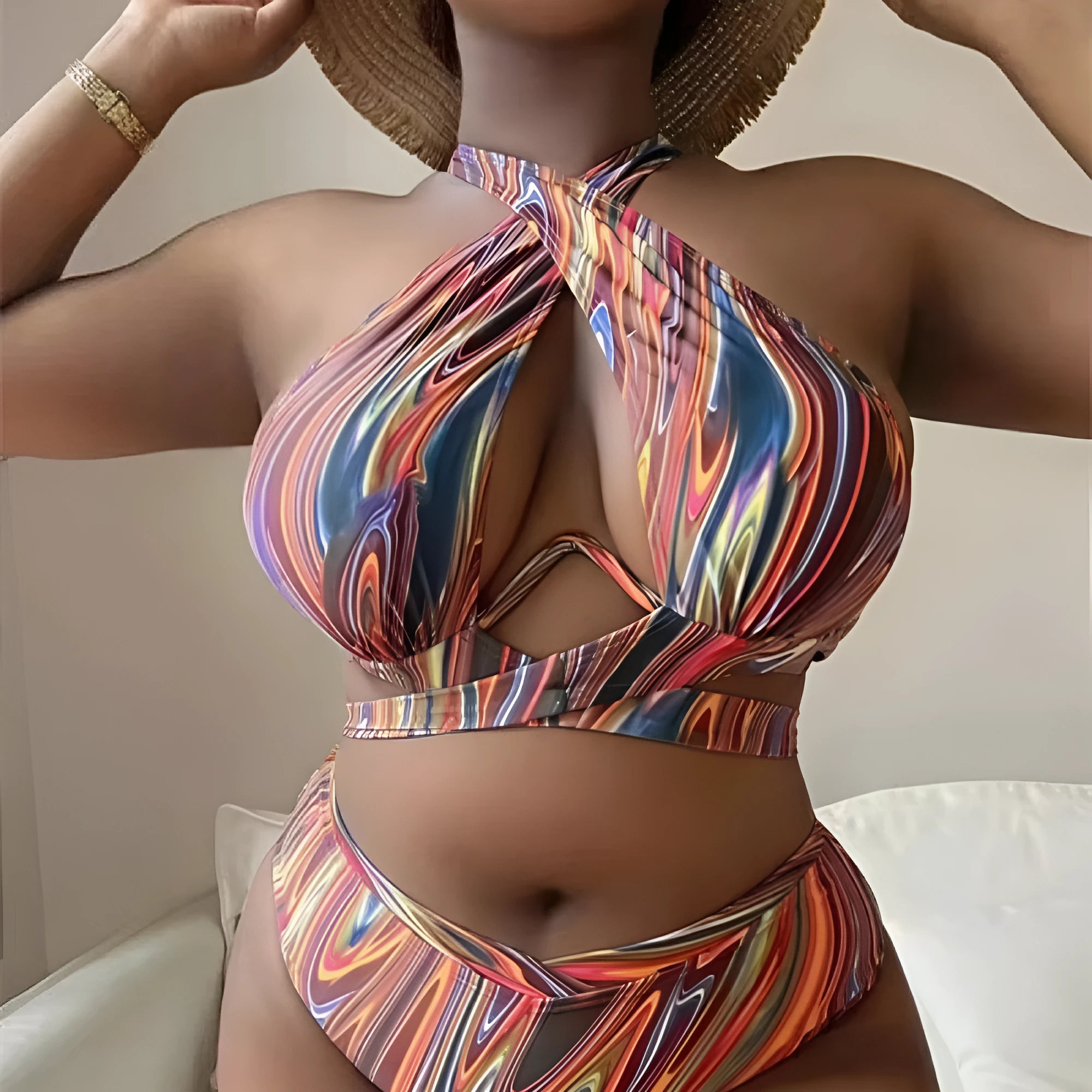 Women's plus size floral high waist bikini swimsuit in picture colour.