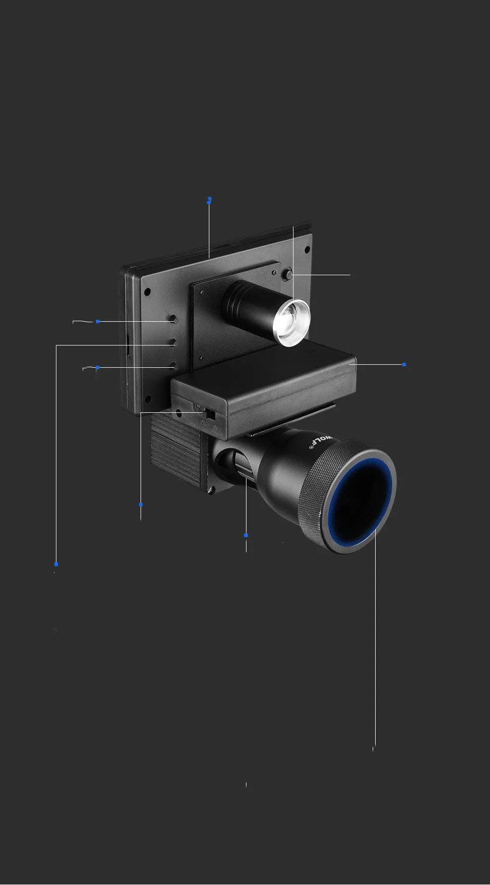 Black digital night vision monocular with lens and 4.3-inch screen, shown with two 18650 batteries.