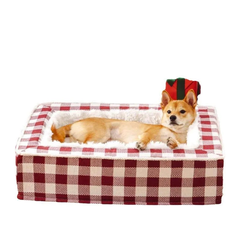 Classic plaid dog kennel bed with removable cover shown in red colour with size dimensions displayed