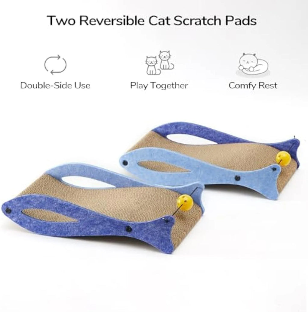 Blue fish-shaped cardboard cat scratcher lounge with bell ball toys for indoor cats.