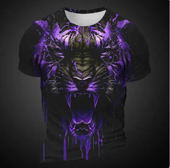 Men's short sleeve T-shirt showing detailed 3D tiger pattern digital printed on light grey bird eye polyester fabric