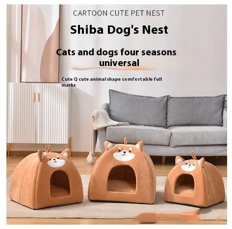 Cloth cat bed in small, medium, and large sizes with machine-washable fabric