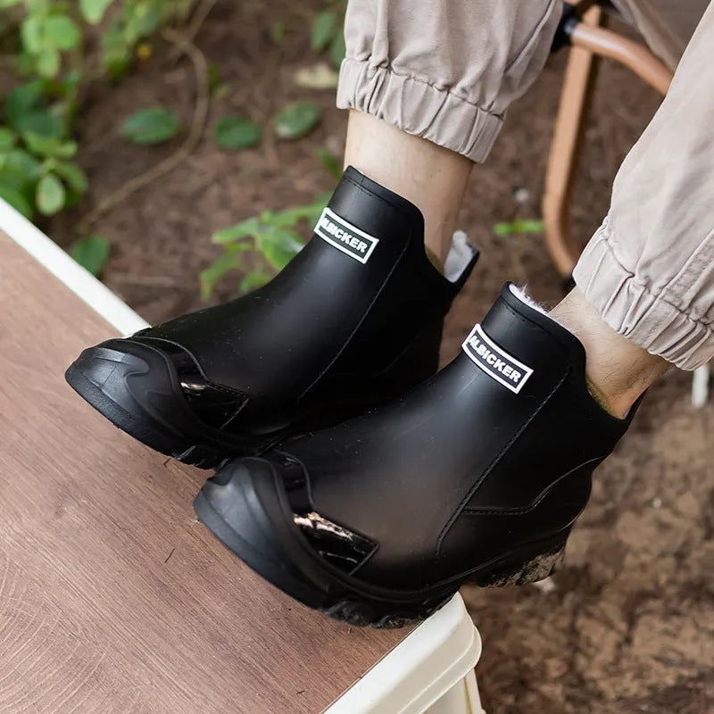 Large size fixed velvet rain boots in beige for men and women PVC upper round toe flat heel