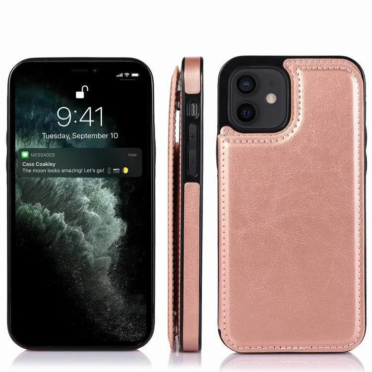 Crazy Horse pattern leather-grain iPhone 13 holster case with a double buckle belt clip in brown.