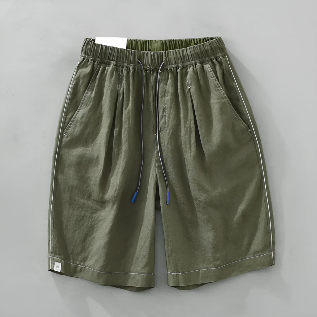 Men's linen shorts in straight drooping style with drawstring waist in black or green colour