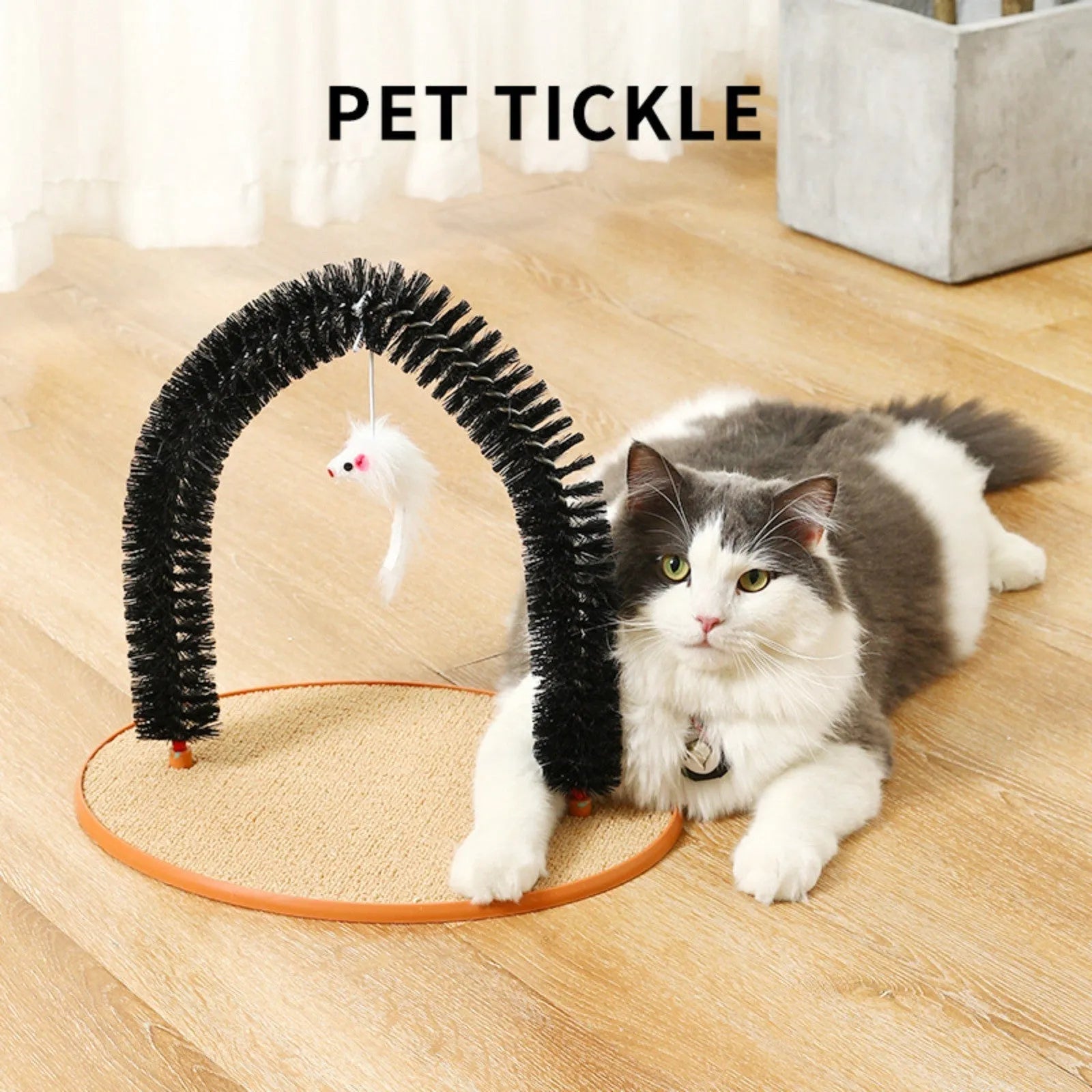Black arch-shaped cat scratch post with rubbing surface and attached plush mouse toy