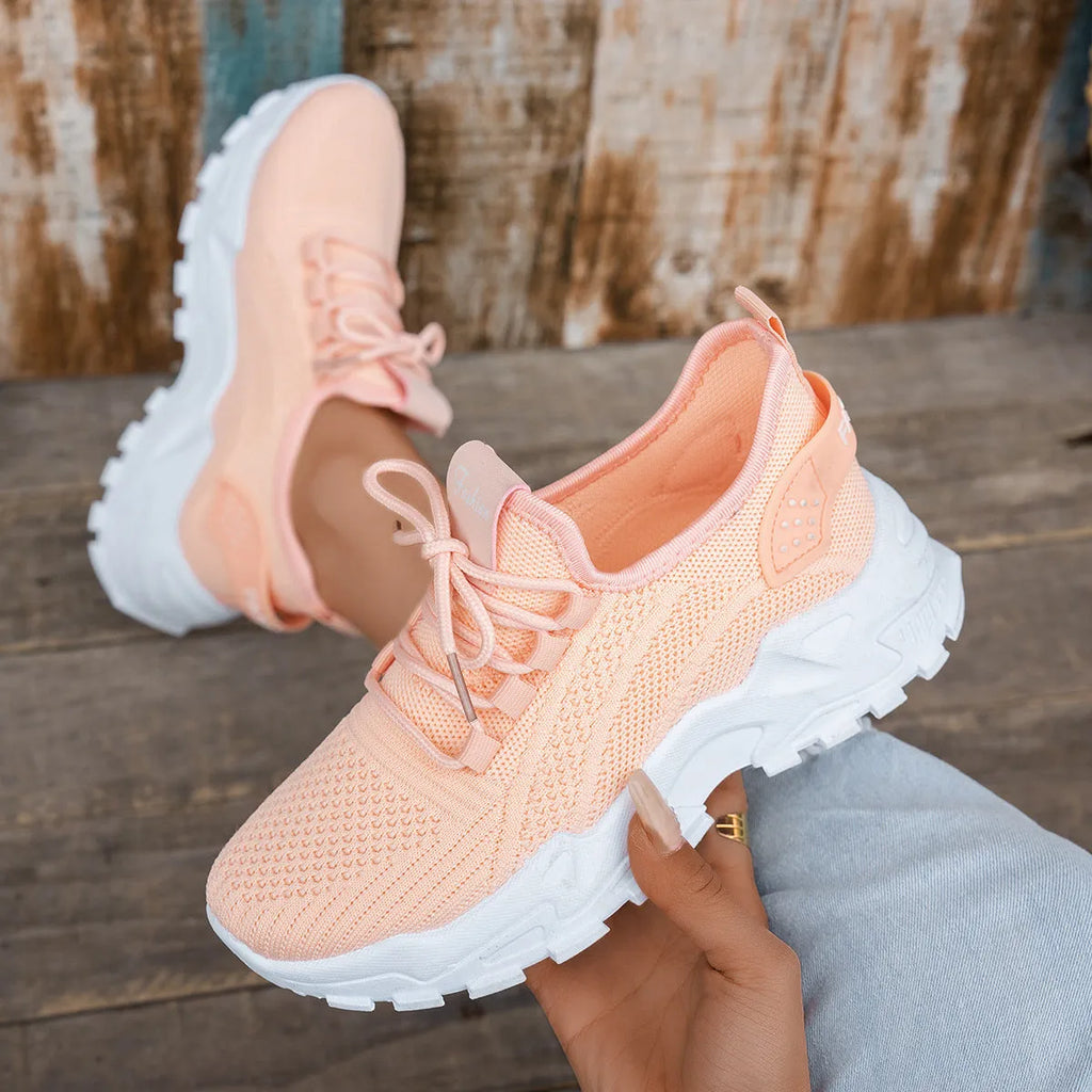 Women's flyknit mesh casual sports shoes in multiple colours with flat heel and round toe design