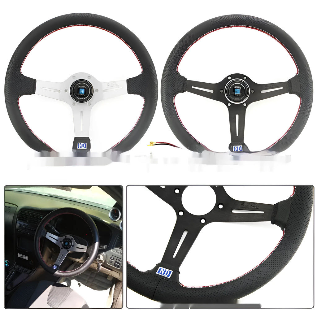 14-inch leather steering wheel with concave middle section in silver-black colour
